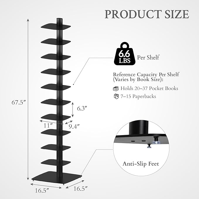 Suchtale 11-Tier Spine Bookshelf Tower,Tall Vertical Book Organizer,Metal Floor Standing Bookshelf for Small Spaces,Narrow Bookcase for Living Room,Bedroom & Office,Adjustable Shelf Directions,Black