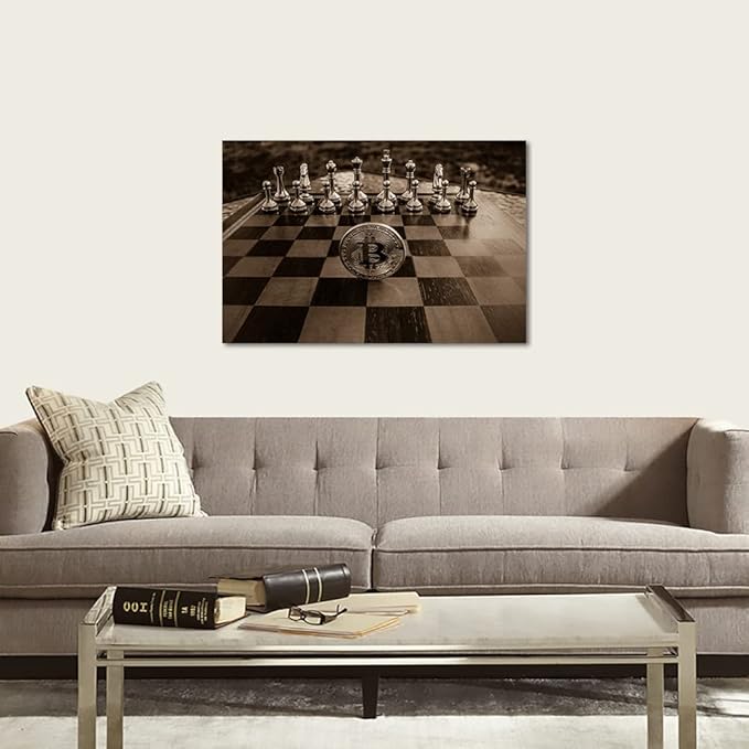 Golden Chess and Bitcoin Canvas Wall Art Motivational Life Quote Game Bitcoin Wall Art Poster Canvas Posters and Prints Pictures Chess Office Wall Decor, Framed 36x24 inch