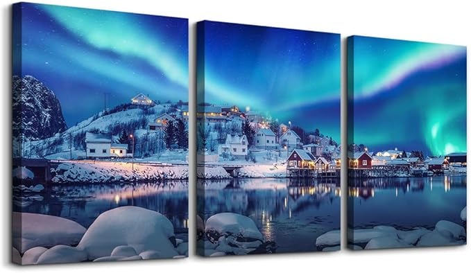 Aurora Landscape Canvas Wall Art - 3 Piece Stretched & Framed Wall Paintings Ready To Hang For Living Room, Bedroom & Office