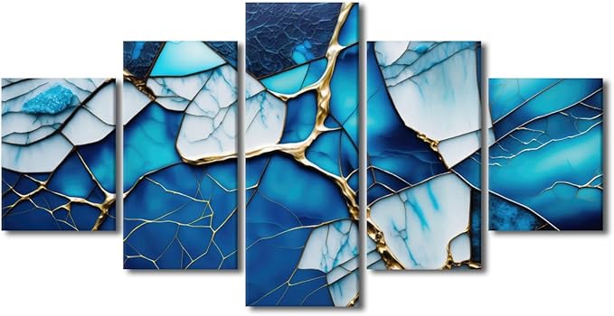 Abstract Canvas Wall Art Modern Abstract Enthusiasts Home Wall Decor Ice Blue Glass Abstract Poster Prints on Canvas 5 Panel Living Room Office Decor Stretched Framed Ready to Hang 60x32 in