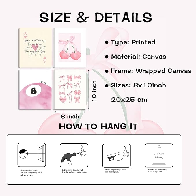 SEHSUVC Pink Coquette Y2K Lucky Wall Art Set of 4, Preppy Aesthetic Canvas Prints, Cherry Bows 8 Ball Ace Card Wall Decor for Girls Bedroom, Dorm, Vanity, for Home Decor 8x10in Framed