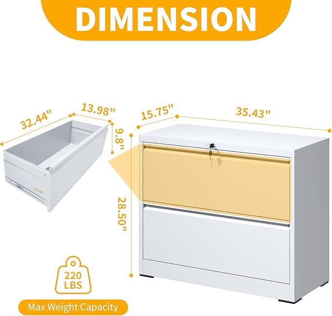 File Cabinet with Lock, 2 Drawer Lateral Filing Cabinet for Home Office, Metal Heavy Duty Office File Cabinets for Hanging Letter/Legal/F4/A4 Size Files, Assembly Required (White)