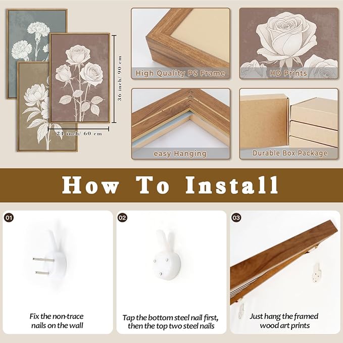 BINCUE Neutral Botanical Wall Art Rustic Floral Paintings Farmhouse Flower Artwork Vintage Plants Wall Decor Framed Flower Artwork Minimalist Floral Artprints for Living Room Bedroom Dining Room 16x24 Inches Set of 3