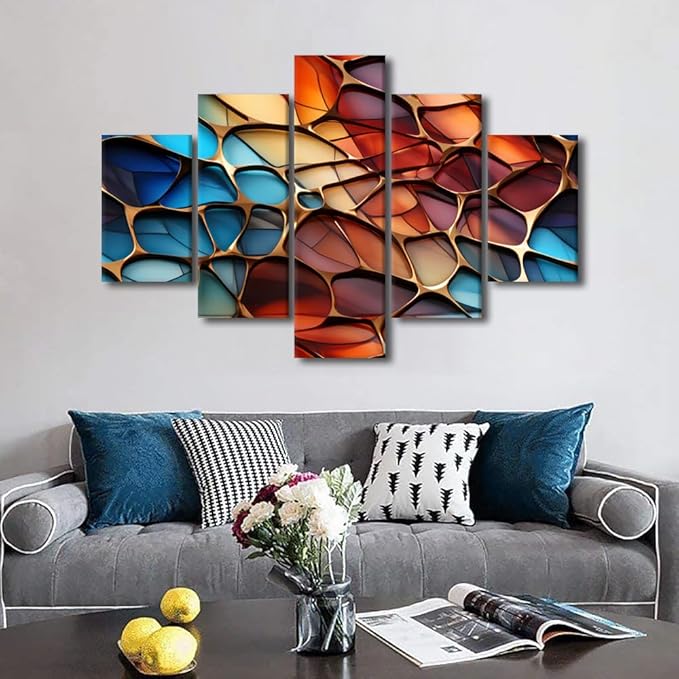Canvas Wall Art Decor for Home Modern Abstract Art Canvas Decor 5 Panel Colored Glass Painting Art for Abstract Enthusiasts Living Room Bedroom Decor Stretched and Framed Ready to Hang 60x40 in