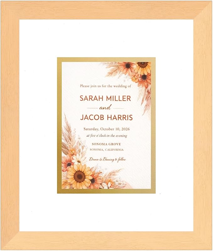 Poster Palooza Wedding Invitation Display Frame 11.25x13.25 in Natural With White and Metallic Gold Double Mat for 5.5x7.5 Boutique Keepsake | USA Made