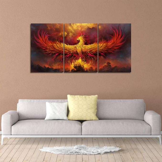 Yetaryy Fantasy Wall Art Canvas Prints Golden Red Burning Phoenix Volcanic Ancient Mystic Animal Birds Living Room Bedroom Home Decor Wall Decoration 3 Panels Wood Framed Poster - 48" W x 24" H