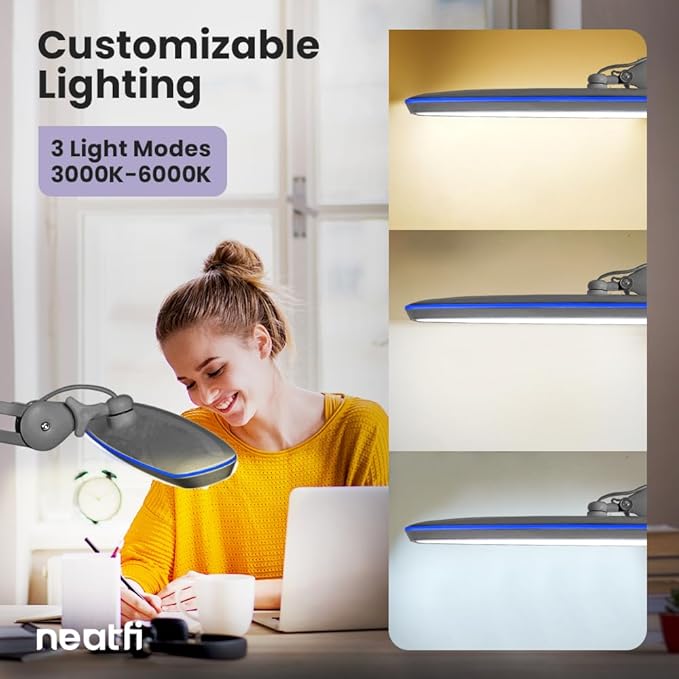 Neatfi XL 2,200 Lumens 20W LED Task Lamp – 23” Ultra-Wide Head | 182 SMD LEDs | 4 Brightness Levels | 3 Light Modes | Eye-Caring, Glare-Free | Adjustable Arm (Silver, CCT with Clamp)