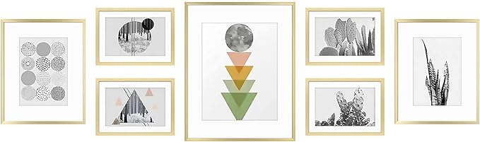 Golden State Art, Aluminum Gallery Wall Frame Set of 7 - Includes One 11x14, Two 8x10, and Four 5x7 - Metal Frames with Mat & Real Glass Cover for Elegant Home or Office Decor (Style 2, Gold)