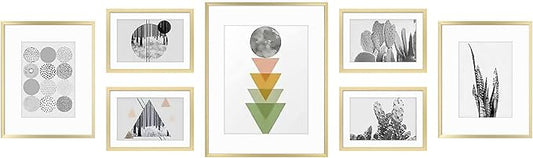 Golden State Art, Aluminum Gallery Wall Frame Set of 7 - Includes One 11x14, Two 8x10, and Four 5x7 - Metal Frames with Mat & Real Glass Cover for Elegant Home or Office Decor (Style 2, Gold)