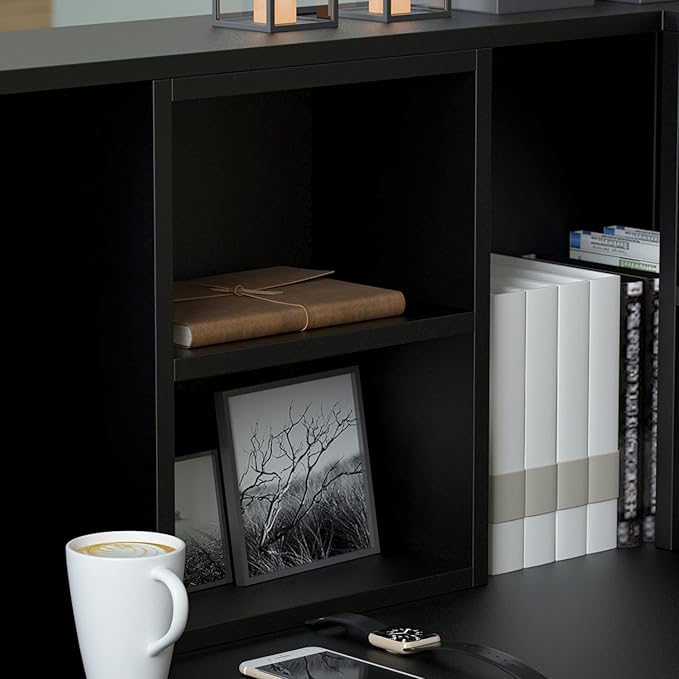 Homsee Reception Desk L-Shaped Office Desk with Counter, 1 Door Storage Cabinet, 1 Lockable Drawer, Hutch Shelf and Keyboard Tray, Black