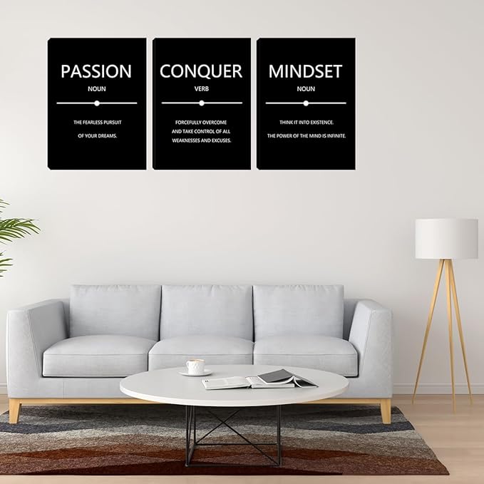 Motivational Wall Art 3 Pieces Inspirational Mindset Conquer Quotes Canvas Poster Prints Wall Paintings Picture Framed Artwork Wall Decor for Office Workplace Wall Art Bedroom Living Room (48"Wx24"H)