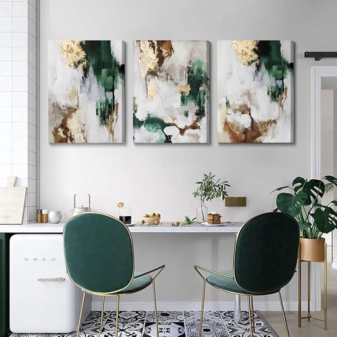 3Pcs Framed Green and Gold Canvas Wall Art Abstract Posters Print Brown and Gray Line Pictures Decor for Living Room Bedroom Bathroom Home Decoration