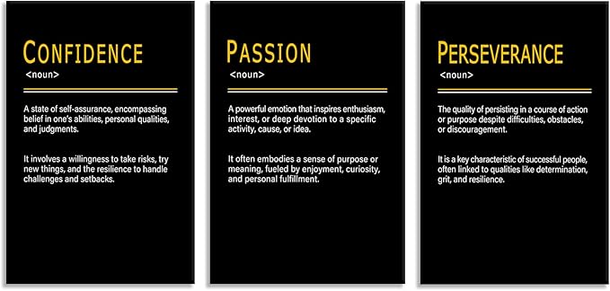 WYJDFART Motivational Wall Decor PASSION CONFIDENCE PERSEVERANCE Noun Inspirational Quotes Wall Art Printed Artwork for Office Home Bedroom Workplace Framed Ready to Hang [48''Wx 24''H]