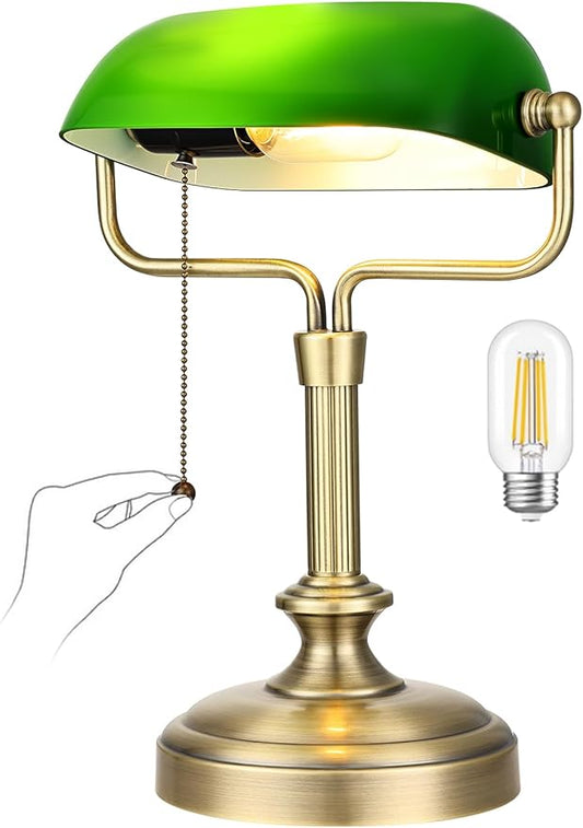 Traditional Banker's Desk Lamp with Glass Shade,Pull Chain Switch, LED Bulb Included (Antique Bronze+Green)