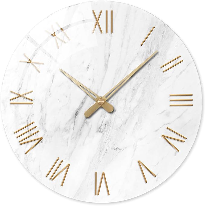 Round Marble Battery Wall Clock Modern 14 Inch White Minimalist Wall Clock for Kitchen Quartz Glass Silent Clock for Wall