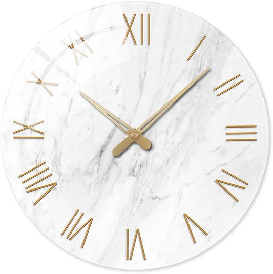 Round Marble Battery Wall Clock Modern 14 Inch White Minimalist Wall Clock for Kitchen Quartz Glass Silent Clock for Wall