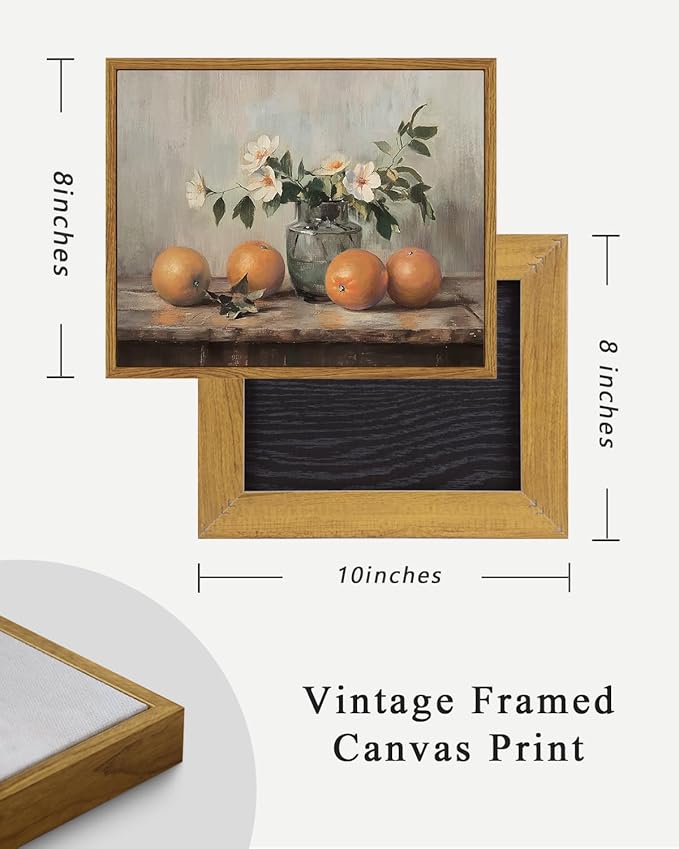 ARPEOTCY Framed Canvas Wall Art, Farmhouse Vintage Wall Decor, Oranges Still Life Painting for Country Kitchen Bedroom Shelf, Rustic Cottagecore Pictures Decorations, 8x10inch