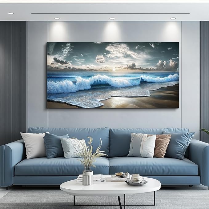 MHARTK66 Blue Ocean Canvas Wall Art Large Paintings For Living Room Landscape Nature Artwork For Walls Beach Wall Decor For Bedroom Wall Art Waves Pictures For The Dining Room Easy Hanging 20x40