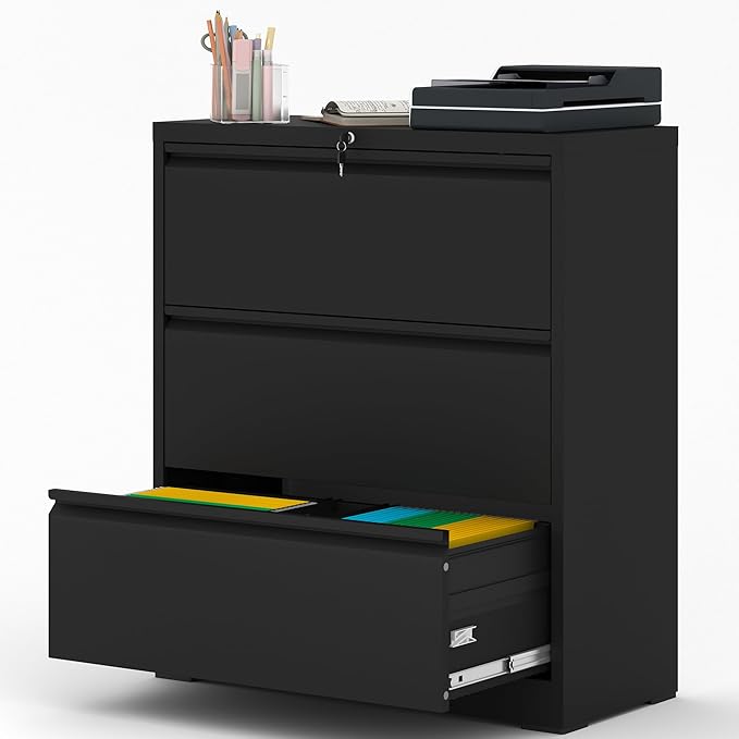 File Cabinet with Lock, 3 Drawer Lateral Filing Cabinet for Home Office, Metal Heavy Duty File Cabinets for Hanging Letter/Legal/F4/A4 Size Files, Assembly Required (Black)