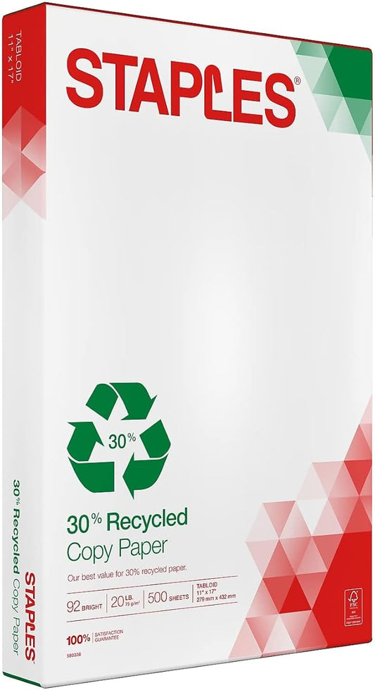 Staples 30% Recycled 11x17 Paper 20 lbs 92 Bright 500/Ream, For Office, School & Home