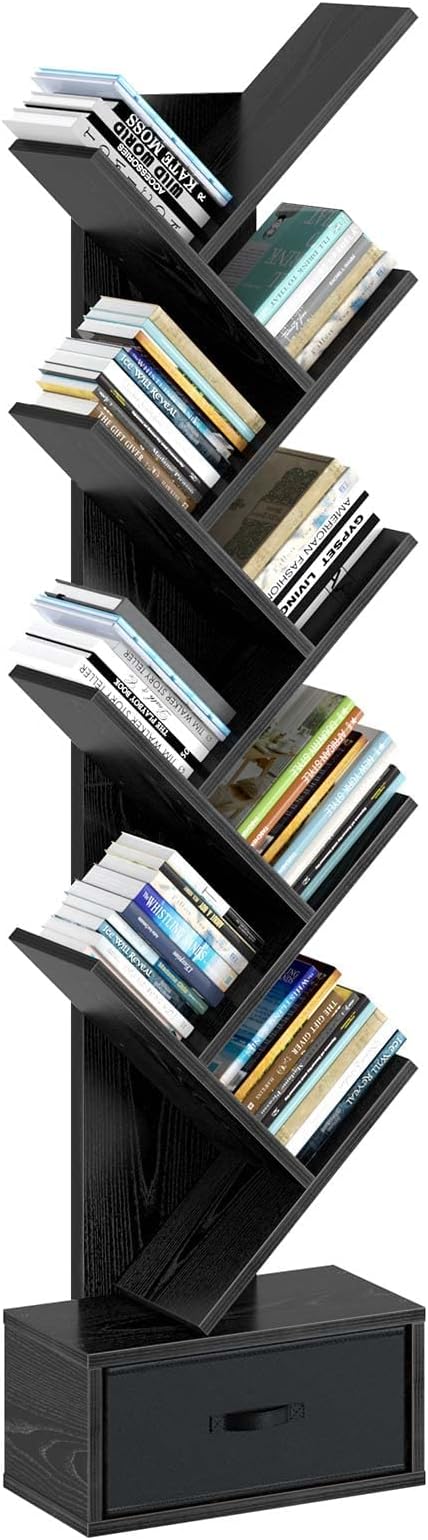 Rolanstar Bookshelf with Drawer,9 Shelf Tree Bookshelf,Retro Bookcase,Wooden Storage Rack for CDs/Movies/Books, Utility Organizer Shelves for Bedroom, Living Room, Home Office