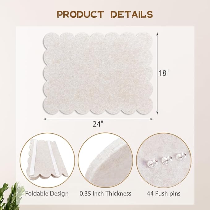 2Pcs Scalloped Felt Bulletin Board 24 x 18 Inches Cork Board Alternative for Wall Self Adhesive Foldable Felt Board with 44 Pushpins Message Photo Board for Home Office School