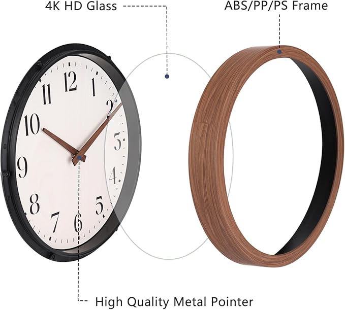 Topkey 12 Inch Silent Wall Clock with Wooden Hour and Minute Hands - Round Wood-Like Frame & White Dial for Home Office Kitchen Decor - Wooden Brown