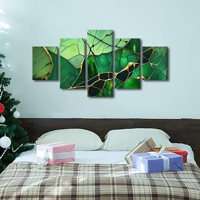 Abstract Canvas Wall Art Decor for Men Living Room Canvas Art 5 Panel Green Glass Abstract Art Modern Colorful Art Nouveau Poster for Men Lady Bedroom Home Wall Decor Framed Ready to Hang 60x32 in