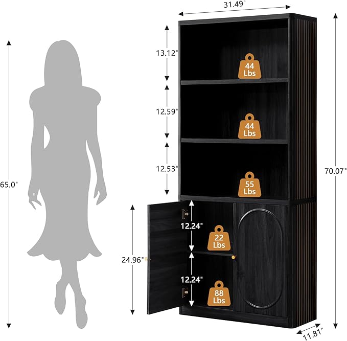 70" Tall Bookshelf, 5 Tier Large Wood Bookcase with Doors, Modern Floor Standing Bookshelves and Bookcases, Open Display Shelves with Storage Cabinet for Living Room, Bedroom, Classroom, Office, Black
