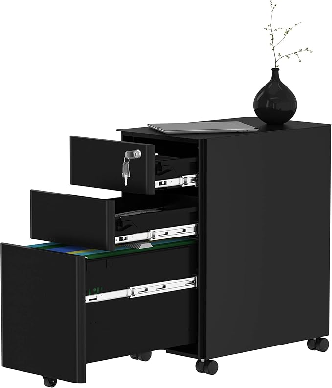 YITAHOME 3-Drawer Metal Filing Cabinet Office Drawers with Keys, Compact Slim Portable File Cabinet, Pre-Built Office Storage Solution for A4/Letter/Legal, Black