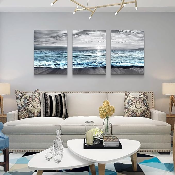 Lapremoly Canvas Wall Art For Living Room & Bedroom - Black And White Beach Scenery - 3 Piece 16x24 in