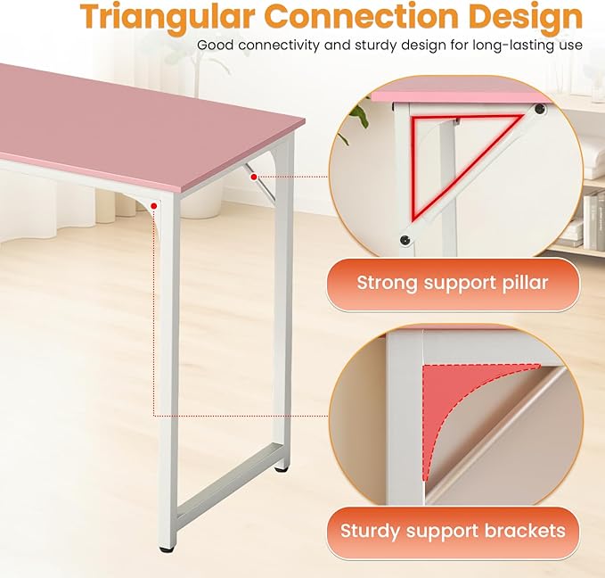 Dkelincs 32 Inch Small Computer Desk Home Office Desk Writing Desk Modern Simple Style Study Work Table with Metal Frame, Easy Assembly, Adjustable Feet, Water-Resistant, Scratchproof Surface, Pink