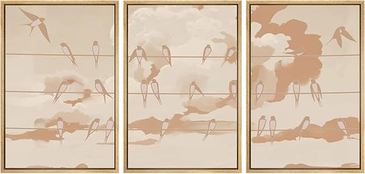 SIGNWIN Framed Canvas Print Wall Art Set Minimal Birds on Wires Neutral Sky Illustrations Modern Art Decorative Nordic Abstract for Living Room, Bedroom, Office - 16"x24"x3 Natural