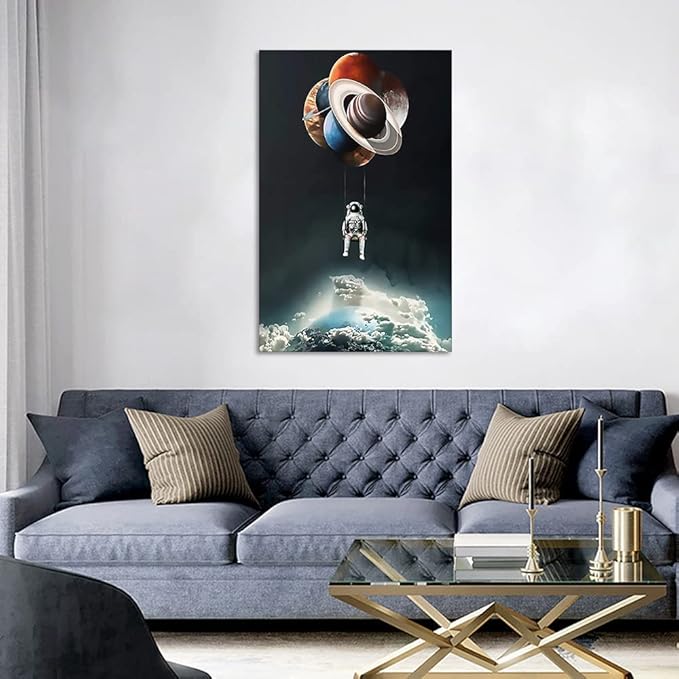 Universe Theme Canvas Wall Print Art Astronaut Holding Planetary Balloon Canvas Wall Framed Artwork Modern Home Decor Giclee Art Space Canvas Prints and Painting Ready to Hang - 44x28 inch