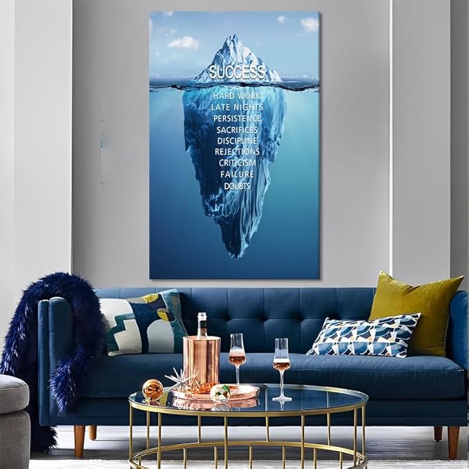 Success Wall Art, Motivational Quotes Poster Positive Quotes Canvas Painting Inspirational Wall Decor Blue Iceberg Picture Modern Entrepreneurs Artwork for Room Home Office Decor, Framed 28"x 44"