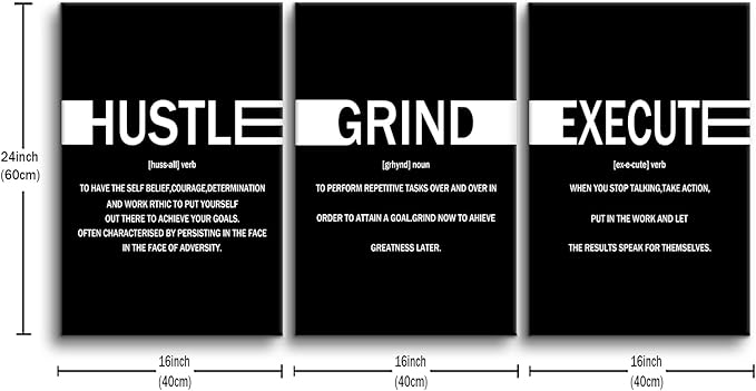 Motivational Canvas Wall Art Hustle Grind Execute Entrepreneur Quotes Poster Print Inspirational Pictures Painting for Office Class Room School Wall Decoration Stretched and Framed [48''Hx24''W]