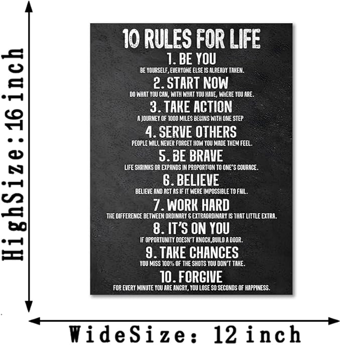 Yatsen Bridge 10 Rules for Life Motivational Wall Art - Black and White Inspirational Canvas Print, Positive Life Principles for Home and Office, Framed & Ready to Hang (12x16 Inch)