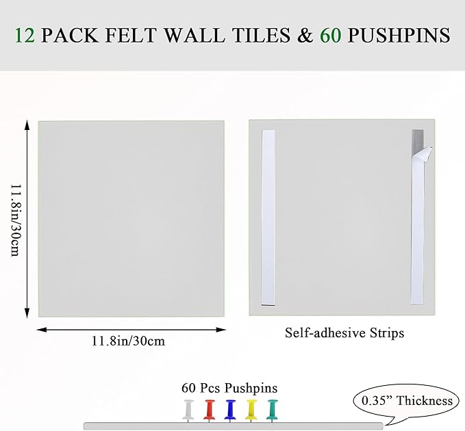Large Cork Board for Wall 48" x 36", 12 Pack Felt Wall Tiles with Safe Removable Adhesive Tabs, White Bulletin Board, CorkBoards for Office, School, Bedroom