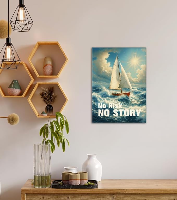 No Risk No Story Motivational Wall Art, Inspirational Sailboat Canvas Print with Encouraging Quote Inspiring Wall Dercor Ocean Landscape Poster Modern Nautical Artwork for Office Home, Framed 12"x16"
