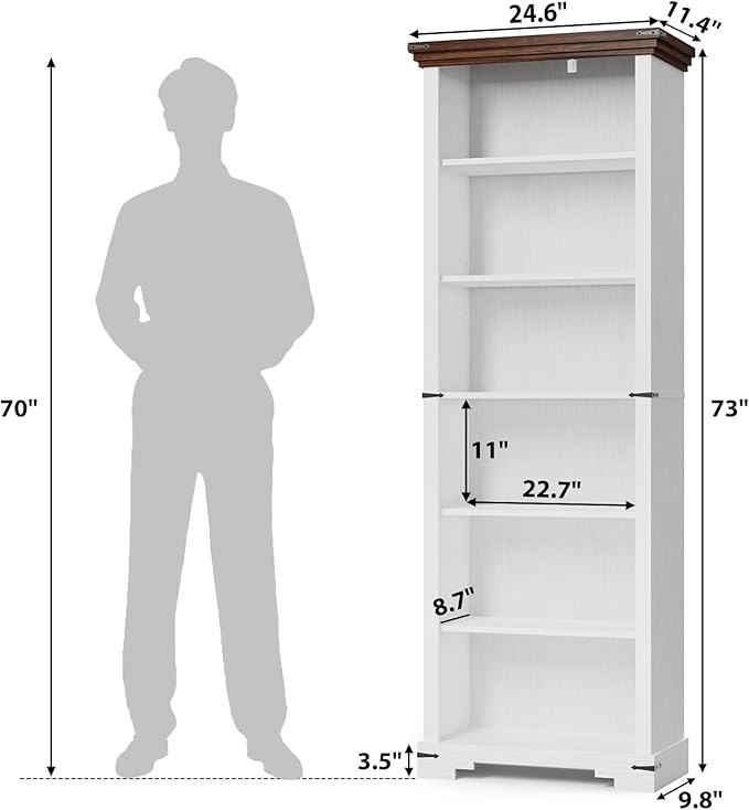 6-Tier Farmhouse Bookshelf, 73 inch Tall Book Shelf with Unique Design & 2 Adjustable Shelves, Wooden Bookshelf for Study Room, Living Room, Kitchen, Bedroom (White)