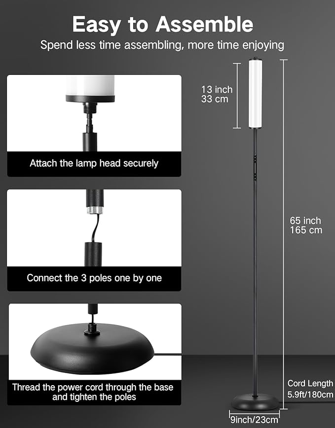OUTON Floor Lamp for Living Room, 66 in LED Corner Floor Lamp with Remote, App and Touch Slider Control, 2200K-6500K Stepless Dimmable RGB Standing Lamp with Timer, Memory and Music Sync, Black