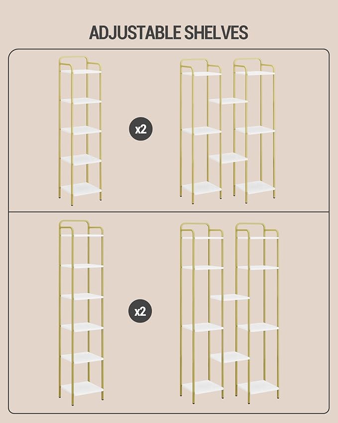 Bookcase Bookshelf, Narrow Book Shelf, Industrial Corner Shelf Storage Organizer, Slim Shelving Unit for Home Office, Living Room, Bedroom, Kitchen, 5-Tier White Gold BC24513G