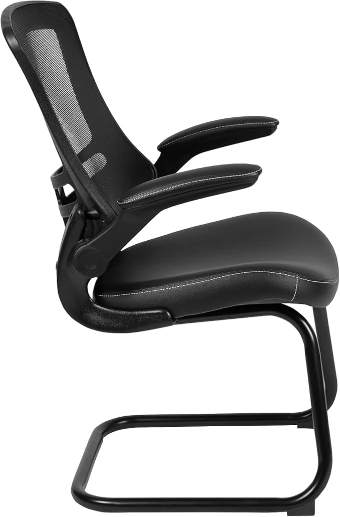 Flash Furniture Kelista Black Mesh Sled Base Side Reception Chair with White Stitched LeatherSoft Seat and Flip-Up Arms