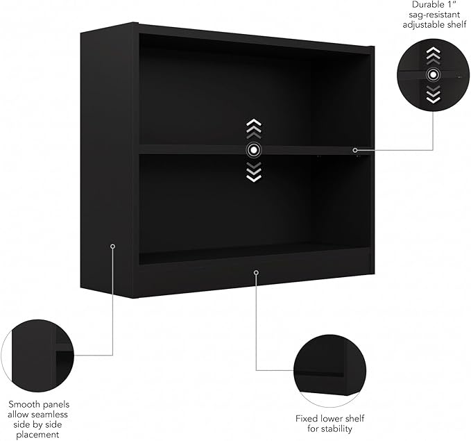 Bush Home Universal Small 2 Shelf Bookcase in Black, Low Storage and Display Bookshelf for Home Office or Living Room Organization