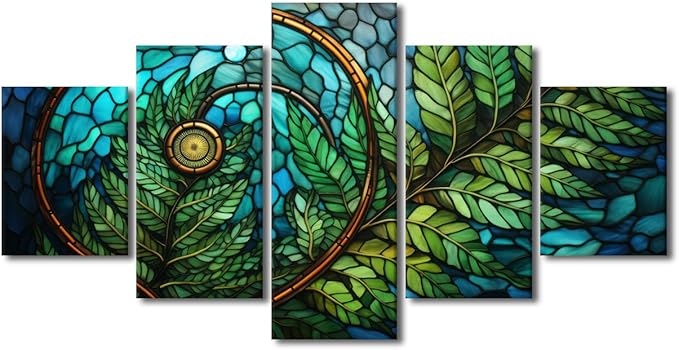 Canvas Wall Art for Men Modern Stained Glass Style Pattern Printing Spiral Green Leaf Canvas Art 5 Panel Poster Print Art for Bedroom Office Wall Decor Stretched and Framed Ready to Hang 60x32 in