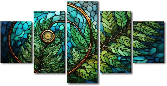 Canvas Wall Art for Men Modern Stained Glass Style Pattern Printing Spiral Green Leaf Canvas Art 5 Panel Poster Print Art for Bedroom Office Wall Decor Stretched and Framed Ready to Hang 60x32 in