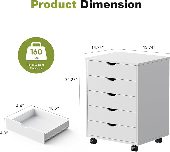 NEWBULIG 5 Drawers File Cabinet Under Desk Storage with Wheels Small Rolling Office Filing Cabinets Chest of Dawers for Home Office White