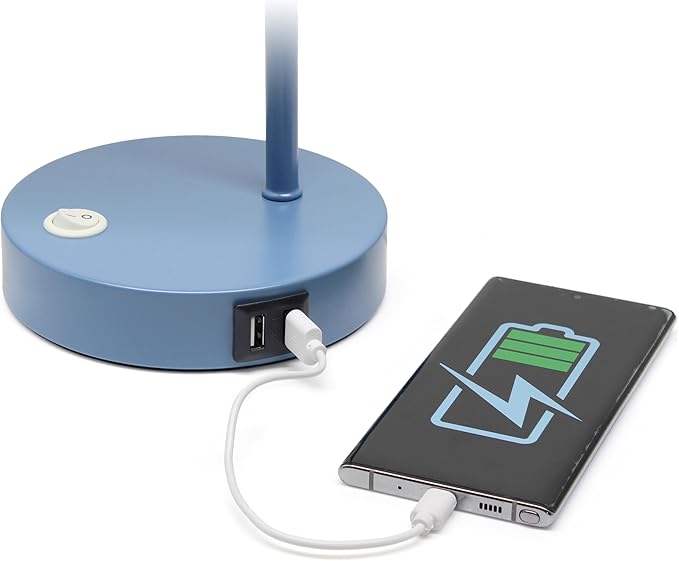 Simple Designs LD1073-BLU 16" Sleek Essentials Metal Looped Desk Task Lamp with Adjustable Shade and Dual USB Ports, for Office, Desk, Nightstand, Blue