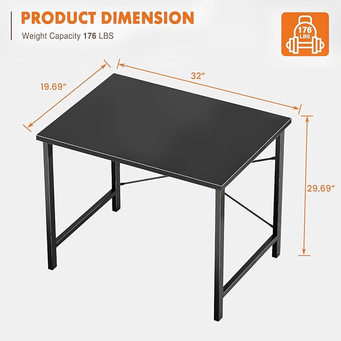 Sweetcrispy Small Computer Desk,31 Inch Office Writing Work Desk with Metal Frame Wooden Tabletop, Student Study Home Bedroom Table with X-Shaped Reinforcement, Black