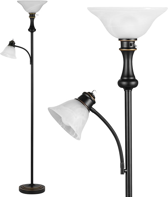 71'' Floor Lamps for Living Room, Tall Floor Lamp for Bedroom with Adjustable Angle Arc Reading lamp, Modern Torchiere Standing lamp with Glass Shade, Knob Switch, Bulb Included, Black